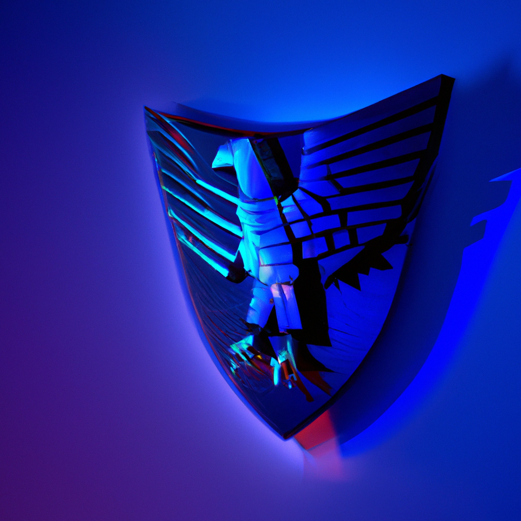 Ilustración abstracta de un águila compuesta por polígonos con un escudo de privacidad en tonos azules, estilo moderno, alto detalle 4K